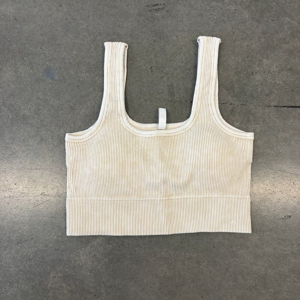 Zenana Ribbed Beige Cream Cropped Athletic Workout  Tank Top L/XL